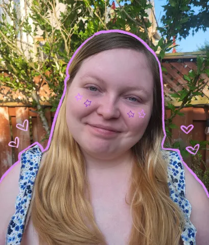 A photo of Jo outside in a sundress. she has purple doodles on and around her.