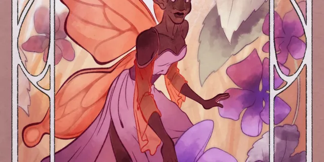 An orange/purple fairy surrounded with purple flowers.